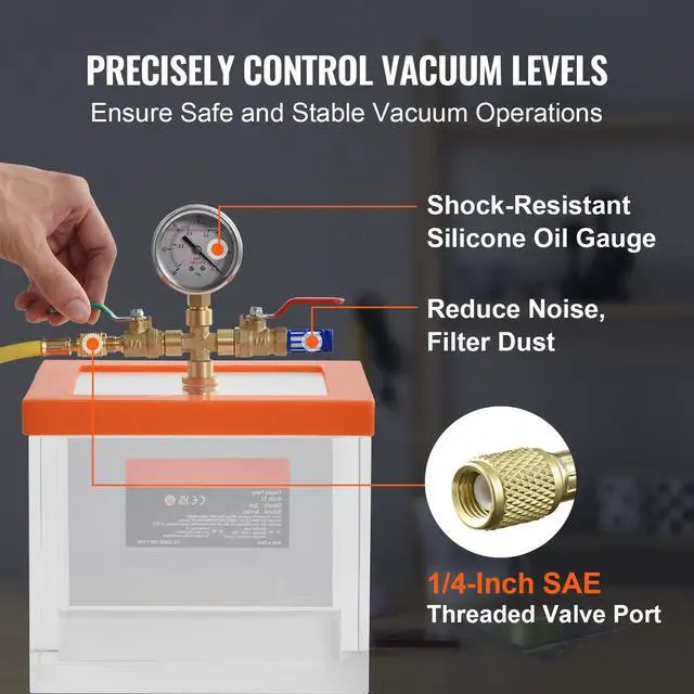 Alt view image 12 of 14 - VEVOR 2 Gallon Vacuum Chamber, Upgraded Multipurpose Acrylic Vacuum Degassing Chamber, Transparent Vacuum Chamber, for Resin Degassing, Silica Gel Degassing, Gypsum Degassing and Vacuum Extraction