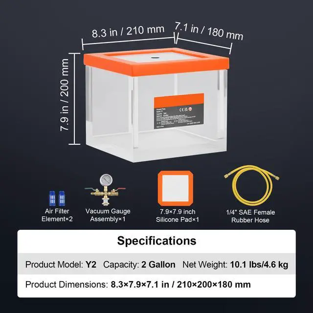 Alt view image 14 of 14 - VEVOR 2 Gallon Vacuum Chamber, Upgraded Multipurpose Acrylic Vacuum Degassing Chamber, Transparent Vacuum Chamber, for Resin Degassing, Silica Gel Degassing, Gypsum Degassing and Vacuum Extraction