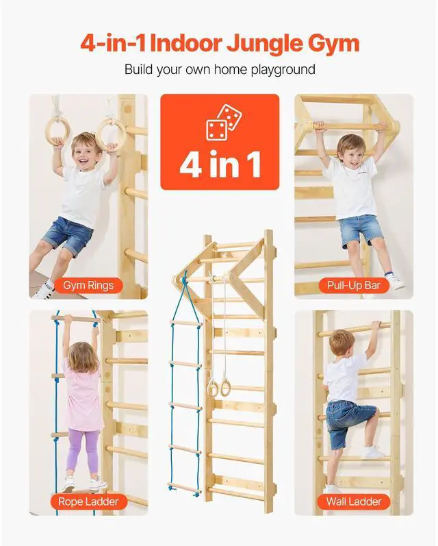 Alt view image 3 of 8 - VEVOR Swedish Ladder Wall Gym 4-in-1 8-Level 220LBS Loading Indoor Jungle Gym
