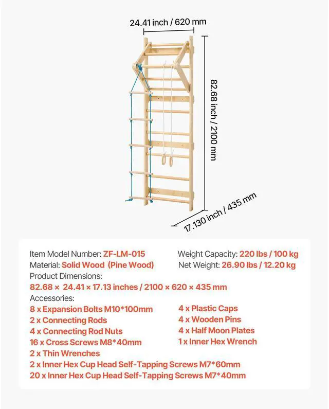 Alt view image 8 of 8 - VEVOR Swedish Ladder Wall Gym 4-in-1 8-Level 220LBS Loading Indoor Jungle Gym