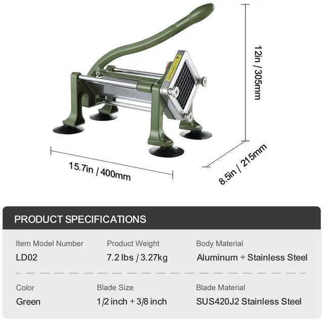 Alt view image 8 of 8 - French Fry Cutter Stainless Steel Potato Vegetable Slicer Chopper 2 Blades