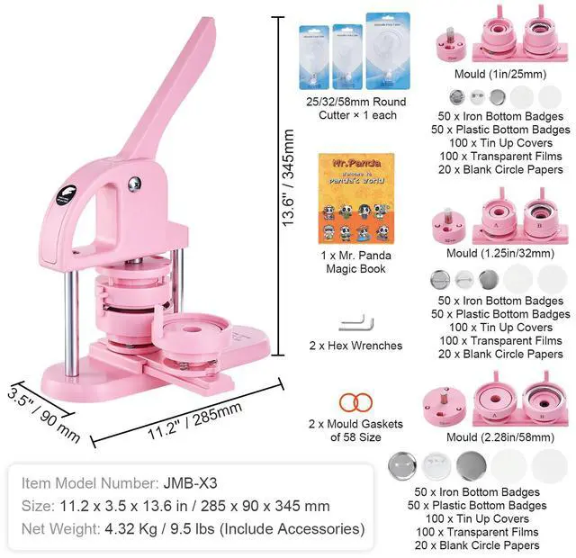Alt view image 14 of 14 - VEVOR 3-IN-1 Button Maker, 1/1.25/2.28 inch(25/32/58mm) Pin Maker, 300pcs Button Parts,Button Maker Machine with Panda Magic Book,  Ergonomic Arc Handle Punch Press Kit, For Children DIY Gifts, Pink
