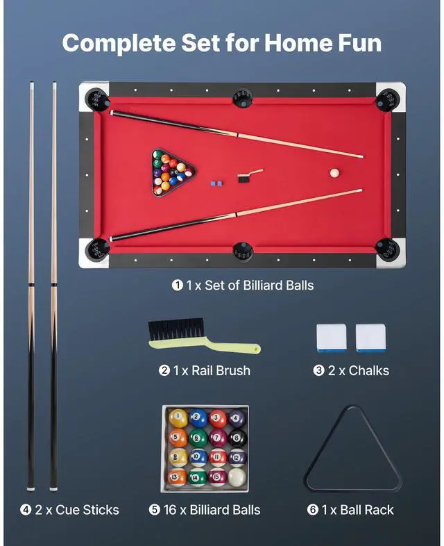 Alt view image 3 of 8 - VEVOR Pool Table, 6 ft Portable Billiards Tables, Adjustable Feet Stable Game Table, Entertainment Set Includes Ball, Cue, Rack, Chalk and Brush, Black with Red Cloth, for Family Use, Recreation Room