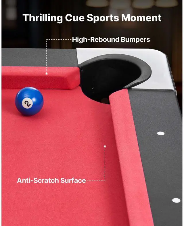 Alt view image 4 of 8 - VEVOR Pool Table, 6 ft Portable Billiards Tables, Adjustable Feet Stable Game Table, Entertainment Set Includes Ball, Cue, Rack, Chalk and Brush, Black with Red Cloth, for Family Use, Recreation Room