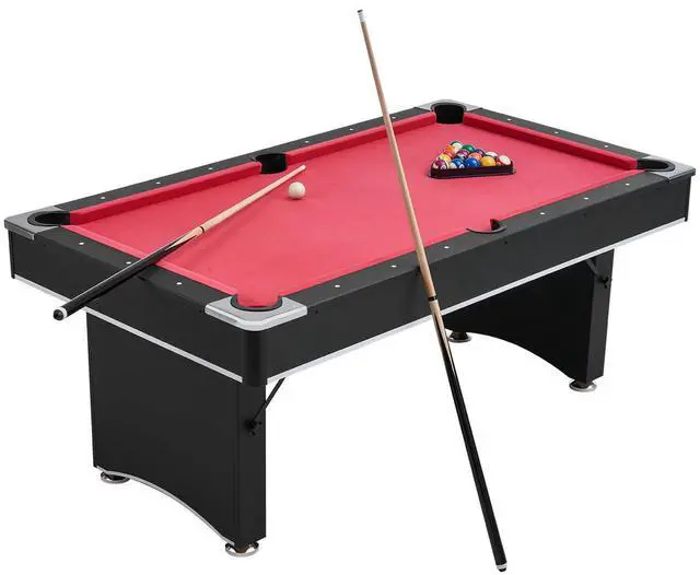 Alt view image 2 of 8 - VEVOR Pool Table, 6 ft Portable Billiards Tables, Adjustable Feet Stable Game Table, Entertainment Set Includes Ball, Cue, Rack, Chalk and Brush, Black with Red Cloth, for Family Use, Recreation Room