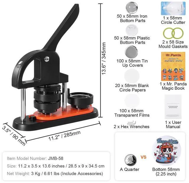 Alt view image 14 of 14 - VEVOR Button Maker Machine, 2.28 inch/58mm Pin Maker with 100pcs Button Parts, Ergonomic Arc Handle Punch Press Kit, Button Maker with Panda Magic Book, For Children DIY Gifts and Christmas