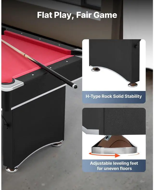 Alt view image 6 of 8 - VEVOR Pool Table, 6 ft Portable Billiards Tables, Adjustable Feet Stable Game Table, Entertainment Set Includes Ball, Cue, Rack, Chalk and Brush, Black with Red Cloth, for Family Use, Recreation Room