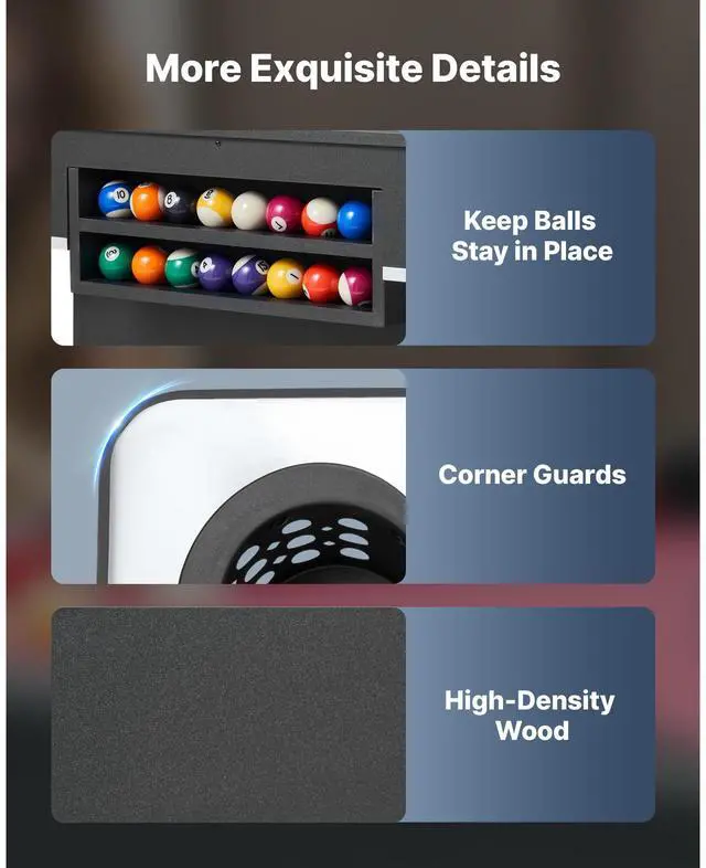 Alt view image 5 of 8 - VEVOR Pool Table, 6 ft Portable Billiards Tables, Adjustable Feet Stable Game Table, Entertainment Set Includes Ball, Cue, Rack, Chalk and Brush, Black with Red Cloth, for Family Use, Recreation Room