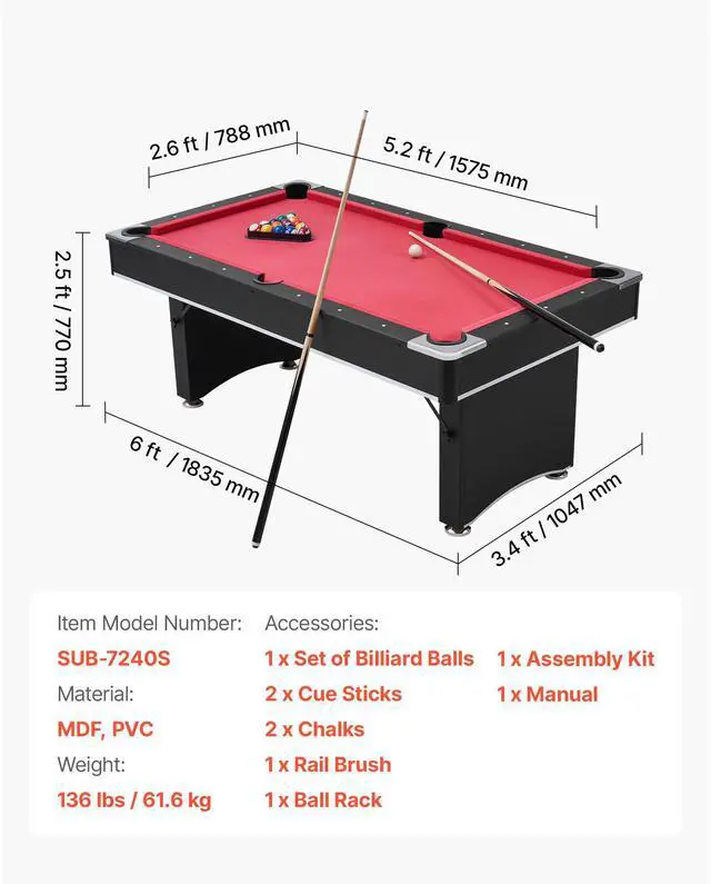 Alt view image 8 of 8 - VEVOR Pool Table, 6 ft Portable Billiards Tables, Adjustable Feet Stable Game Table, Entertainment Set Includes Ball, Cue, Rack, Chalk and Brush, Black with Red Cloth, for Family Use, Recreation Room