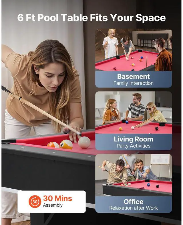 Alt view image 7 of 8 - VEVOR Pool Table, 6 ft Portable Billiards Tables, Adjustable Feet Stable Game Table, Entertainment Set Includes Ball, Cue, Rack, Chalk and Brush, Black with Red Cloth, for Family Use, Recreation Room