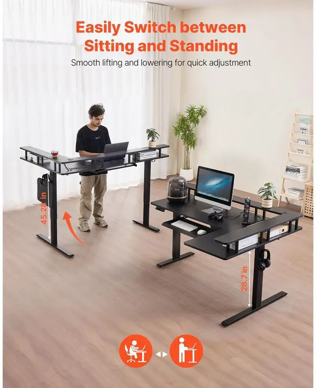 Alt view image 9 of 14 - VEVOR L Shaped Desk Electric Adjustable Height Corner Desk with Keyboard Tray