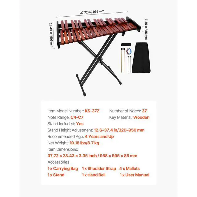 Alt view image 8 of 8 - VEVOR Glockenspiel Xylophone 37 Notes Wooden Percussion Instrument with Stand