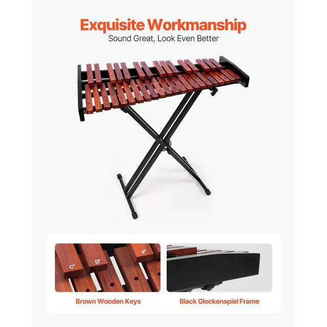 Alt view image 5 of 8 - VEVOR Glockenspiel Xylophone 37 Notes Wooden Percussion Instrument with Stand