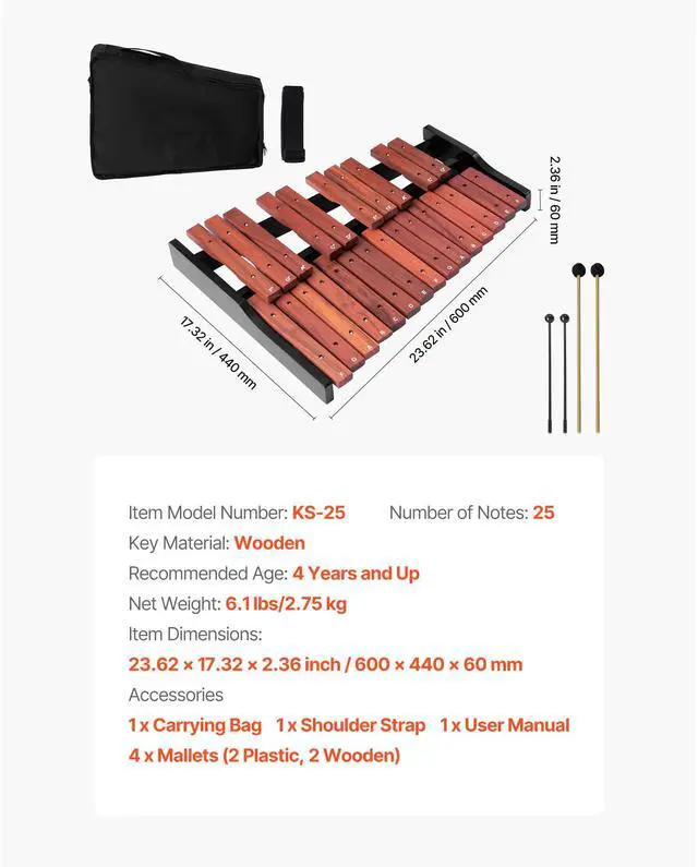 Alt view image 8 of 8 - VEVOR Glockenspiel Xylophone, 25 Notes, Wooden Professional Xylophone Percussion Instrument, with 4 Mallets, Carrying Bag, Beginner Glockenspiel Musical Instrument Kit for Adults and Kids Students