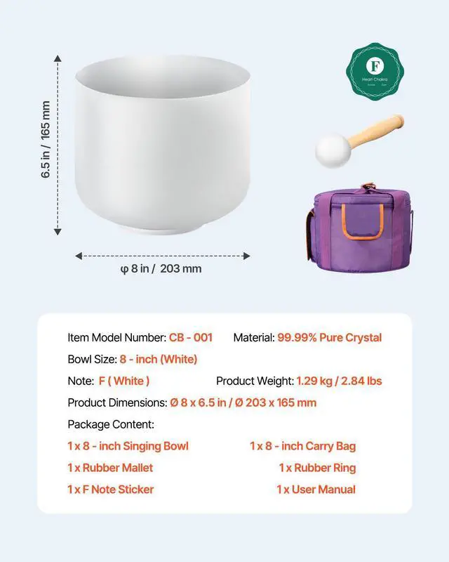 Alt view image 8 of 8 - VEVOR Crystal Singing Bowl, 8-inch F Note Heart Chakra Singing Bowl, Portable Frosted Quartz Singing Bowl with Rubber Mallet, O-Ring and 8" Carrying Bag, Perfect for Meditation Yoga Sound Healing Bath