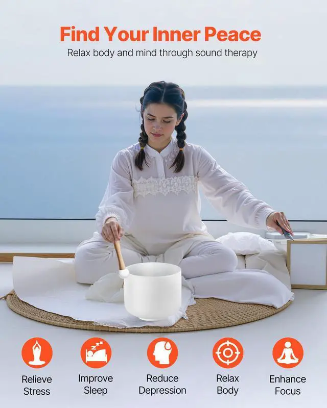 Alt view image 3 of 8 - VEVOR Crystal Singing Bowl, 8-inch F Note Heart Chakra Singing Bowl, Portable Frosted Quartz Singing Bowl with Rubber Mallet, O-Ring and 8" Carrying Bag, Perfect for Meditation Yoga Sound Healing Bath