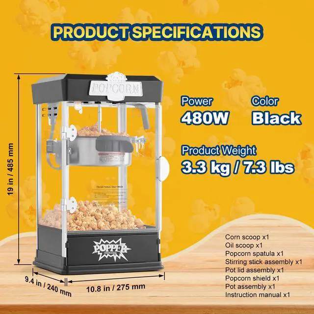 Alt view image 8 of 8 - Popcorn Popper Machine Tabletop Popcorn Maker 480W 4 Oz Black