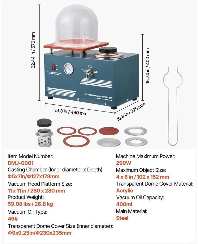 Alt view image 8 of 8 - Vacuum Investing Casting Machine 290W Power 3 CFM Pump and Bell Jar for Jewelry