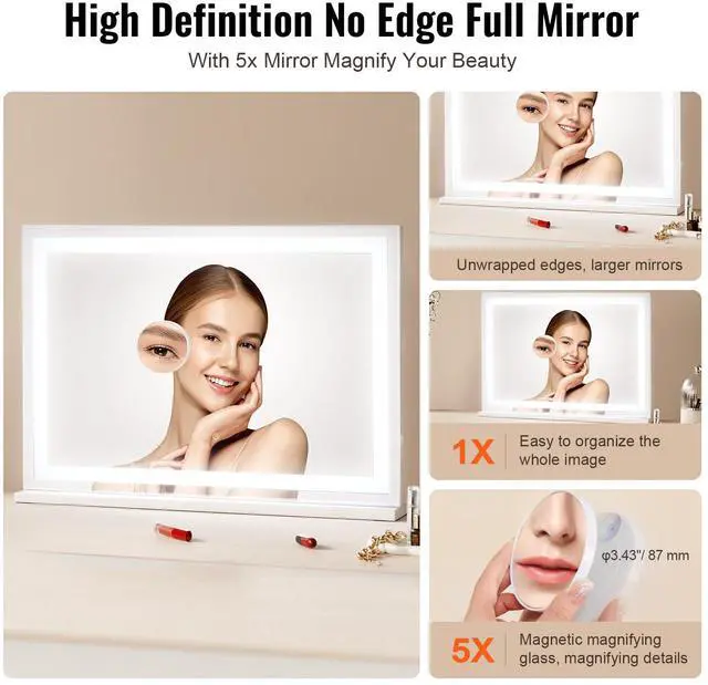 Alt view image 4 of 8 - VEVOR Lighted Makeup Mirror 3 Color Vanity w/ USB Desktop Wall-mount 31.5x21.7in