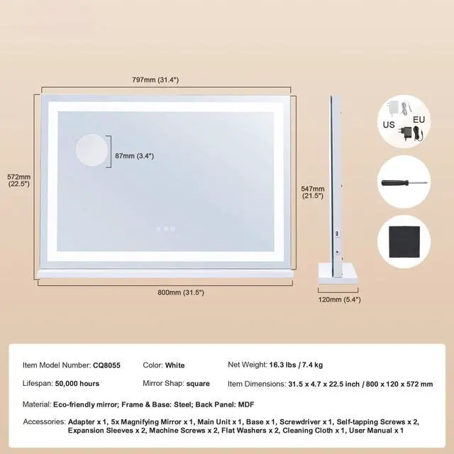 Alt view image 8 of 8 - VEVOR Lighted Makeup Mirror 3 Color Vanity w/ USB Desktop Wall-mount 31.5x21.7in