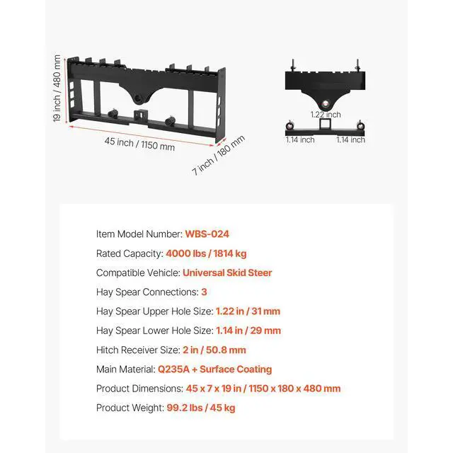 Alt view image 8 of 8 - VEVOR 45-inch Skid Steer Pallet Frame with Hitch Receiver & Spear Sleeves