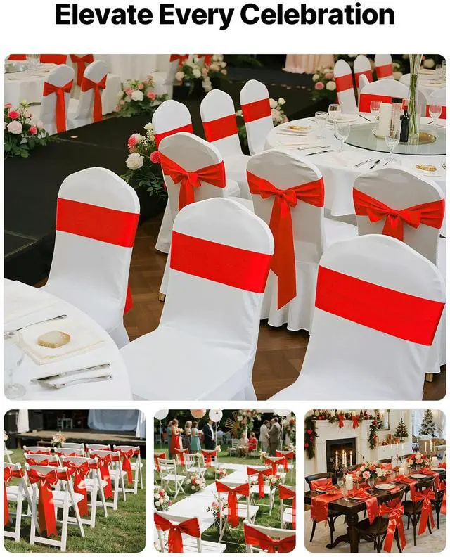 Alt view image 3 of 7 - VEVOR Satin Chair Sashes Bows, 50PCS Chair Ribbon Ties Back Sash, 7 x 108 inch, Red Wedding Reception Decoration, for Wedding Ceremony Baby Shower Party Events Banquet Chair Cover Decoration