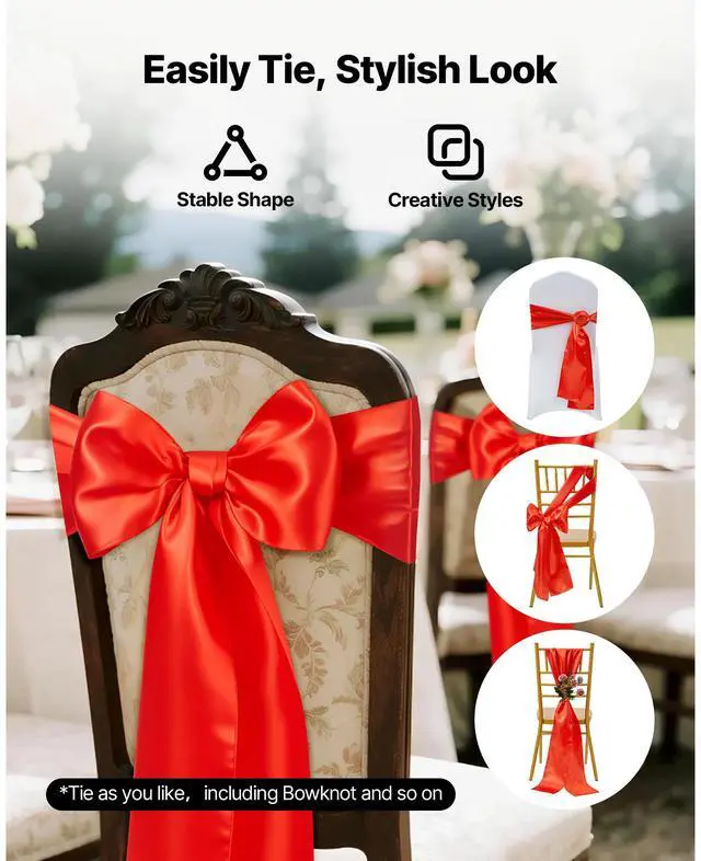 Alt view image 5 of 7 - VEVOR Satin Chair Sashes Bows, 50PCS Chair Ribbon Ties Back Sash, 7 x 108 inch, Red Wedding Reception Decoration, for Wedding Ceremony Baby Shower Party Events Banquet Chair Cover Decoration