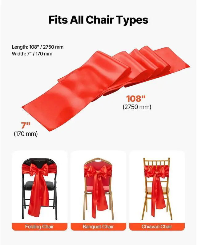 Alt view image 7 of 7 - VEVOR Satin Chair Sashes Bows, 50PCS Chair Ribbon Ties Back Sash, 7 x 108 inch, Red Wedding Reception Decoration, for Wedding Ceremony Baby Shower Party Events Banquet Chair Cover Decoration