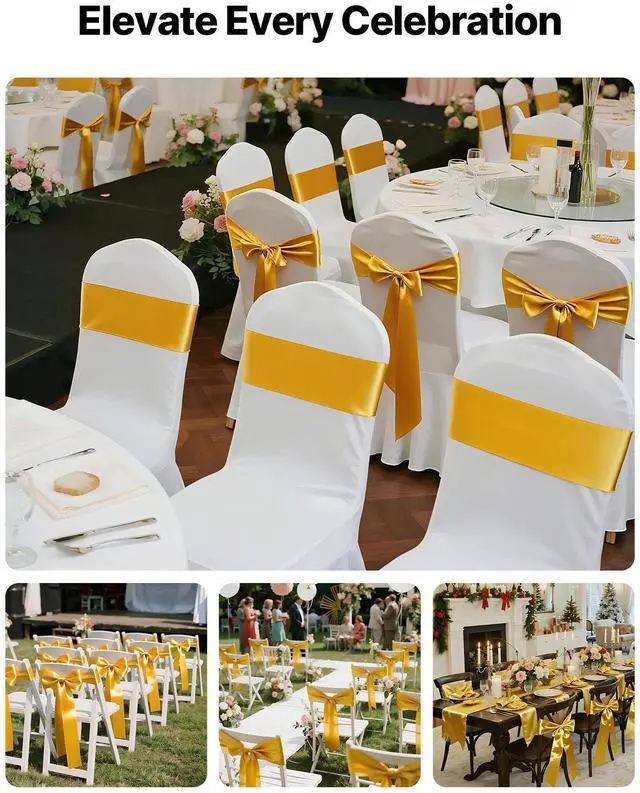 Alt view image 3 of 8 - VEVOR Satin Chair Sashes Bows, 100PCS Chair Ribbon Ties Back Sash, 7 x 108 inch, Gold Wedding Reception Decoration, for Wedding Ceremony Baby Shower Party Events Banquet Chair Cover Decoration