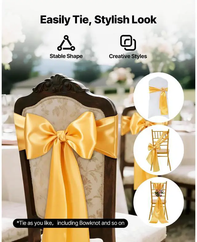 Alt view image 5 of 8 - VEVOR Satin Chair Sashes Bows, 100PCS Chair Ribbon Ties Back Sash, 7 x 108 inch, Gold Wedding Reception Decoration, for Wedding Ceremony Baby Shower Party Events Banquet Chair Cover Decoration