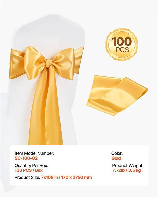 Alt view image 8 of 8 - VEVOR Satin Chair Sashes Bows, 100PCS Chair Ribbon Ties Back Sash, 7 x 108 inch, Gold Wedding Reception Decoration, for Wedding Ceremony Baby Shower Party Events Banquet Chair Cover Decoration