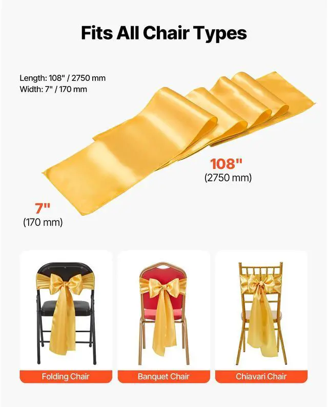 Alt view image 7 of 8 - VEVOR Satin Chair Sashes Bows, 100PCS Chair Ribbon Ties Back Sash, 7 x 108 inch, Gold Wedding Reception Decoration, for Wedding Ceremony Baby Shower Party Events Banquet Chair Cover Decoration