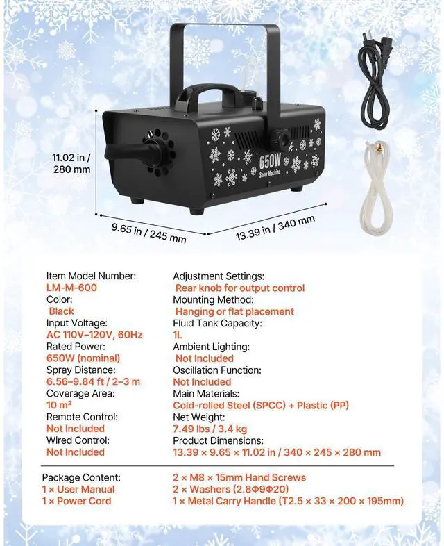 Alt view image 8 of 8 - VEVOR Snow Machine 650W Handheld Hanging Fake Snow Maker for Christmas Party