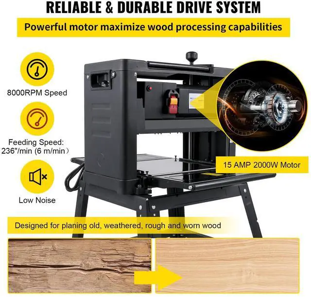 Alt view image 3 of 7 - 13-Inch Benchtop Thickness Planer, 2000W, 8000 rpm, 15 AMP, with Foldable Iron Stand and Dust Exhaust, 6m/min Planing Speed, Ideal for Woodworking and Wooden Plank Shaping