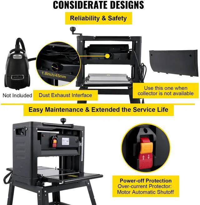 Alt view image 6 of 7 - 13-Inch Benchtop Thickness Planer, 2000W, 8000 rpm, 15 AMP, with Foldable Iron Stand and Dust Exhaust, 6m/min Planing Speed, Ideal for Woodworking and Wooden Plank Shaping