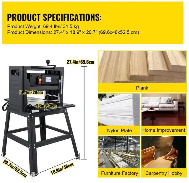 Alt view image 7 of 7 - 13-Inch Benchtop Thickness Planer, 2000W, 8000 rpm, 15 AMP, with Foldable Iron Stand and Dust Exhaust, 6m/min Planing Speed, Ideal for Woodworking and Wooden Plank Shaping
