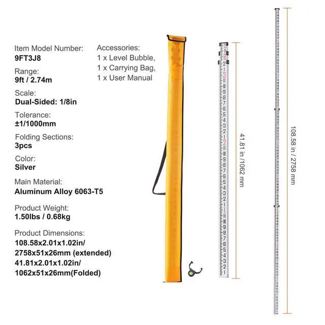 Alt view image 8 of 8 - VEVOR Aluminum Grade Rod, 9-Feet/8ths 3 Sections Telescopic Measuring Rod, Double-Sided Scale 1/8in Leveling Rod Stick,Aluminum Alloy Survey Rod with Bubble Level &Carrying Bag for Houses,Walls,Floors