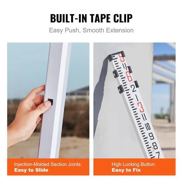 Alt view image 6 of 8 - VEVOR Aluminum Grade Rod, 9-Feet/8ths 3 Sections Telescopic Measuring Rod, Double-Sided Scale 1/8in Leveling Rod Stick,Aluminum Alloy Survey Rod with Bubble Level &Carrying Bag for Houses,Walls,Floors