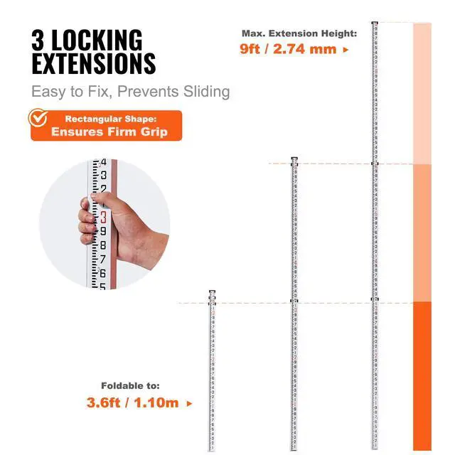 Alt view image 5 of 9 - VEVOR Aluminum Grade Rod, 9-Feet/10ths 3 Sections Telescopic Measuring Rod,Double-Sided Scale 1/10ft Leveling Rod Stick,Aluminum Alloy Survey Rod with Bubble Level&Carrying Bag for Houses,Walls,Floors