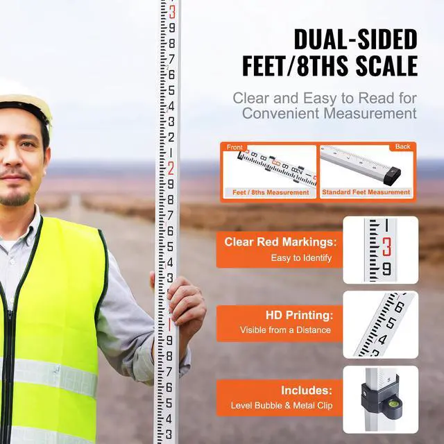 Alt view image 4 of 9 - VEVOR Aluminum Grade Rod, 9-Feet/10ths 3 Sections Telescopic Measuring Rod,Double-Sided Scale 1/10ft Leveling Rod Stick,Aluminum Alloy Survey Rod with Bubble Level&Carrying Bag for Houses,Walls,Floors
