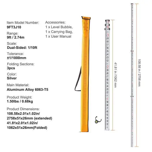Alt view image 9 of 9 - VEVOR Aluminum Grade Rod, 9-Feet/10ths 3 Sections Telescopic Measuring Rod,Double-Sided Scale 1/10ft Leveling Rod Stick,Aluminum Alloy Survey Rod with Bubble Level&Carrying Bag for Houses,Walls,Floors