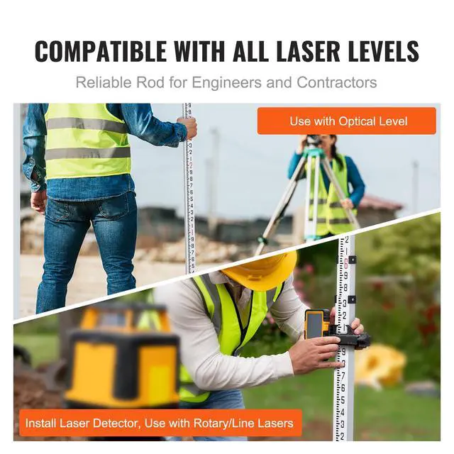 Alt view image 8 of 9 - VEVOR Aluminum Grade Rod, 9-Feet/10ths 3 Sections Telescopic Measuring Rod,Double-Sided Scale 1/10ft Leveling Rod Stick,Aluminum Alloy Survey Rod with Bubble Level&Carrying Bag for Houses,Walls,Floors