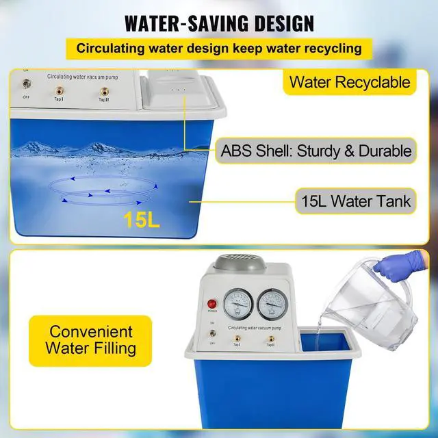 Alt view image 5 of 7 - Lab Multi-Purpose Water Circulating Vacuum Pump,15L, with 2 Off-Gas Taps,Stainless Vacuum Pump 180W 110V,Anti-Corrosion Pump Lab Chemistry Equipment