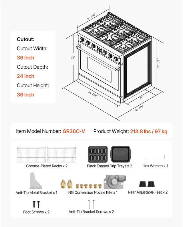 Alt view image 7 of 7 - Gas Range Oven, 35.9 Inches Width, Freestanding Stainless Steel Stove and Oven with 6 Sealed Cooktop Burners, Easy Reach Racks, Halogen Light, 6.0 Cu. Ft. Capacity, for Apartment, Home, Kitchen