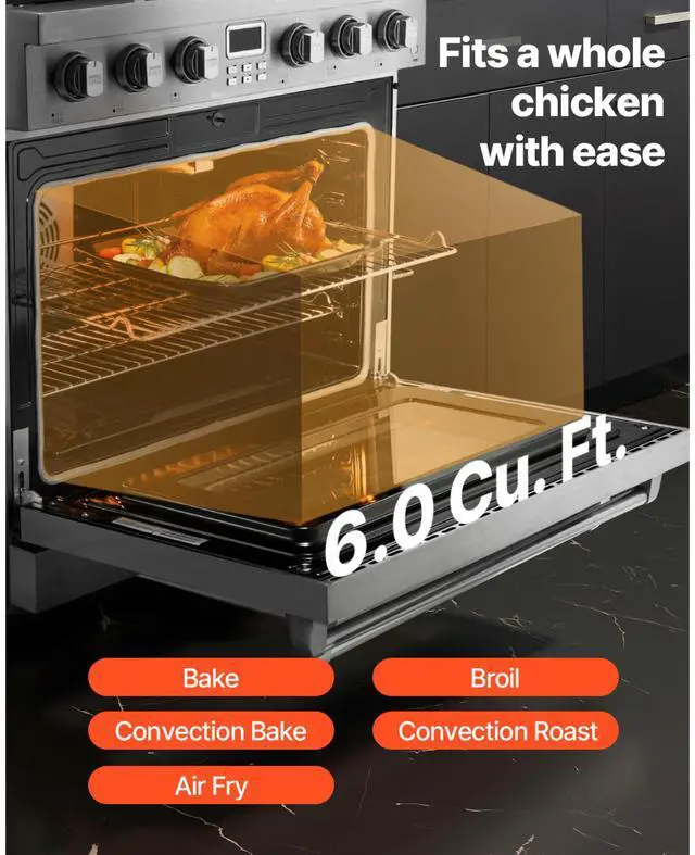 Alt view image 5 of 7 - Gas Range Oven, 35.9 Inches Width, Freestanding Stainless Steel Stove and Oven with 6 Sealed Cooktop Burners, Easy Reach Racks, Halogen Light, 6.0 Cu. Ft. Capacity, for Apartment, Home, Kitchen