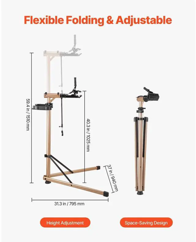 Alt view image 5 of 8 - VEVOR Bike Repair Stand, Max. 110 lb Heavy-duty Bicycle Work Stand with 40.3-59.4 in Adjustable Height & Large Tool Tray, Foldable Ebike Maintenance Rack, Shop Home Mechanics for Mountain Road Bike