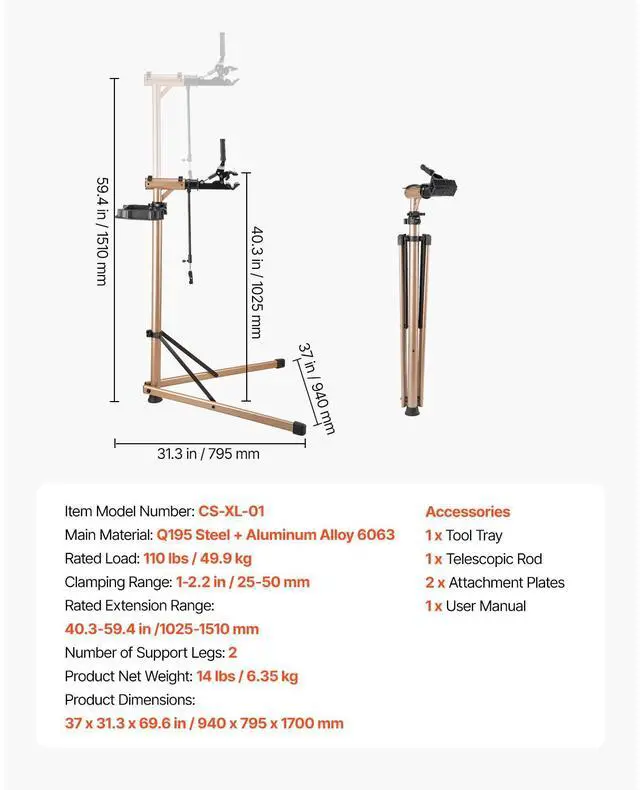Alt view image 8 of 8 - VEVOR Bike Repair Stand, Max. 110 lb Heavy-duty Bicycle Work Stand with 40.3-59.4 in Adjustable Height & Large Tool Tray, Foldable Ebike Maintenance Rack, Shop Home Mechanics for Mountain Road Bike