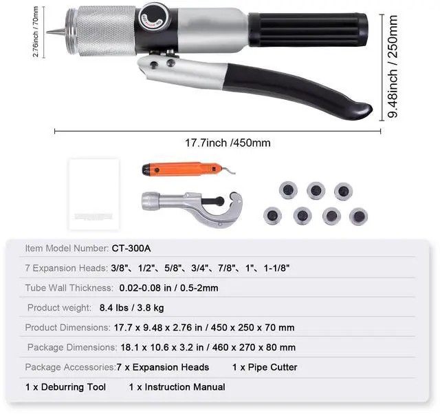 Alt view image 9 of 9 - VEVOR Hydraulic Tube Expander, 3/8" to 1-1/8" OD, HAVC Hydraulic Swaging Tool with 7 Pipe Expander Heads, Deburring Tool, Pipe Cutter for Copper Aluminum Brass Soft Steel Pipes