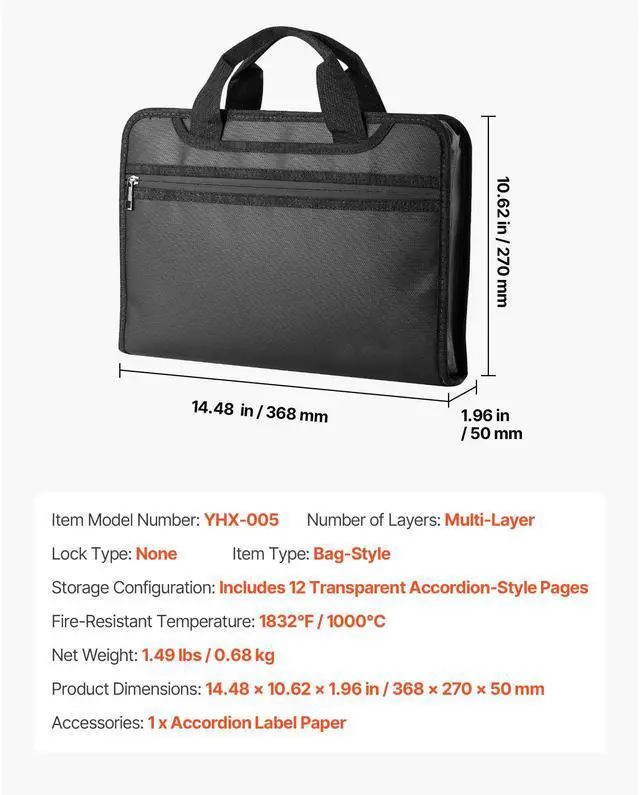 Alt view image 8 of 8 - VEVOR Fireproof Document Bag, 1832  Heat Insulated Fireproof & Waterproof Bag, Portable Multi-Layer File Storage Security Organizer Home Office Travel Use, for Passports, Important Documents, Files