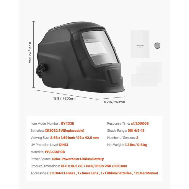 Alt view image 8 of 8 - VEVOR Welding Helmet Auto Darkening 3.66" x 1.69" True Color Mask Shade 4/9-13